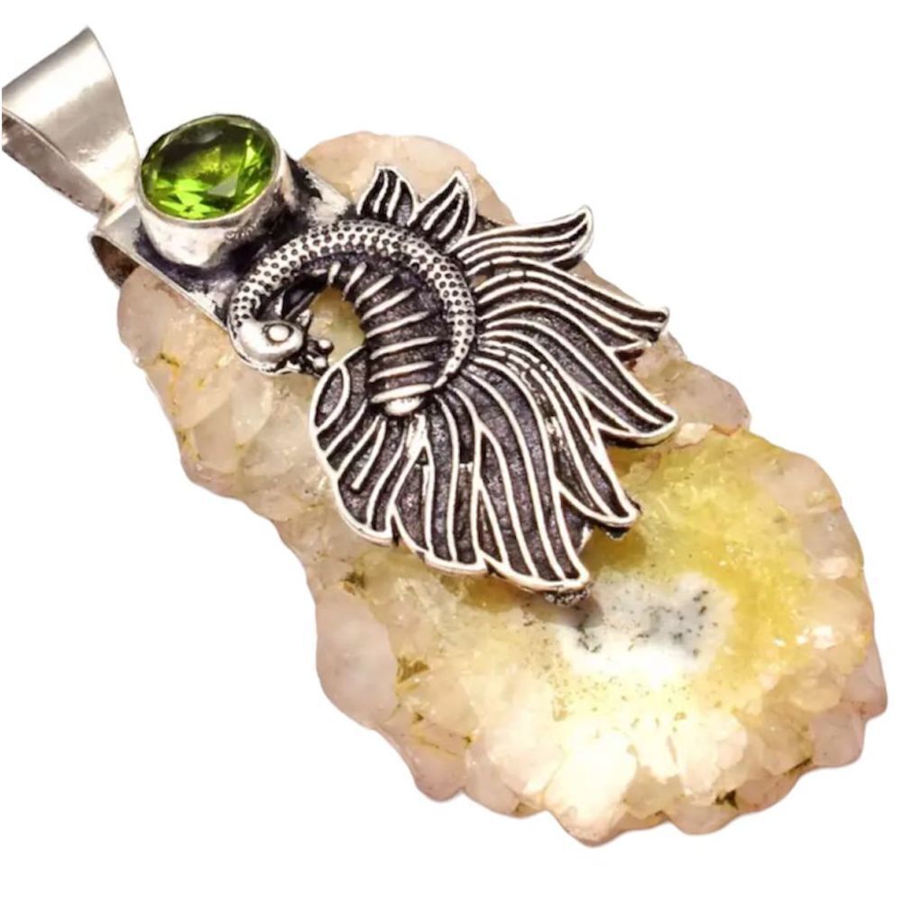 Solar Quartz Druzy Peacock pendant